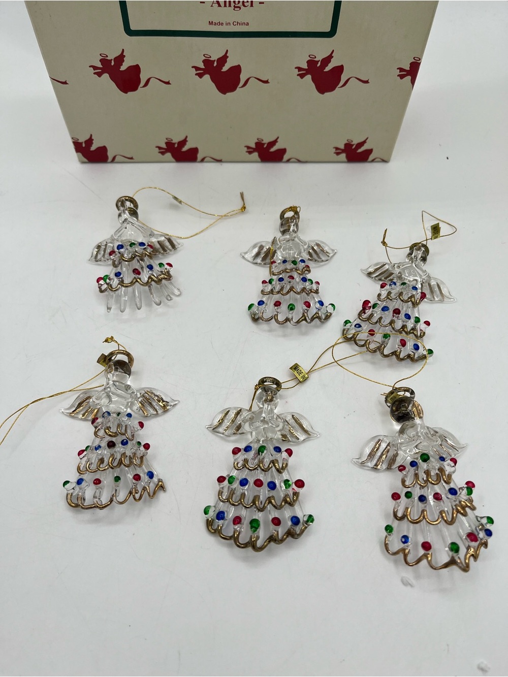 Spun  Glass Angel Ornaments with Gold Trim and Multicolor Beads
